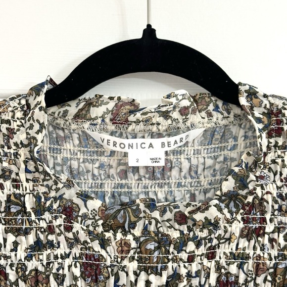 Veronica Beard Farha Dress Mini Short 3/4 Long Sleeve Floral Smocked Ruffle Sz 2